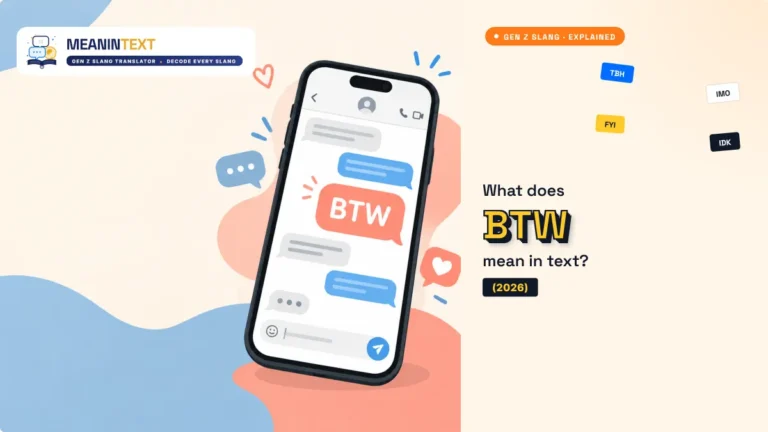 Smartphone chat bubble showing BTW meaning "by the way" in a casual text message
